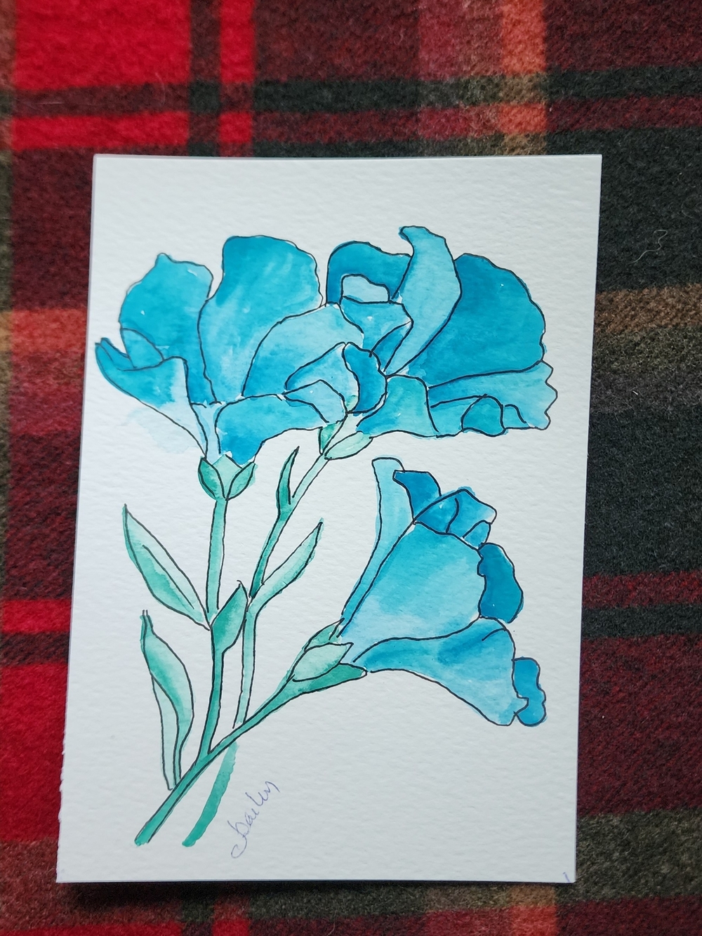 Original Blue Floral Watercolor Painting on Paper